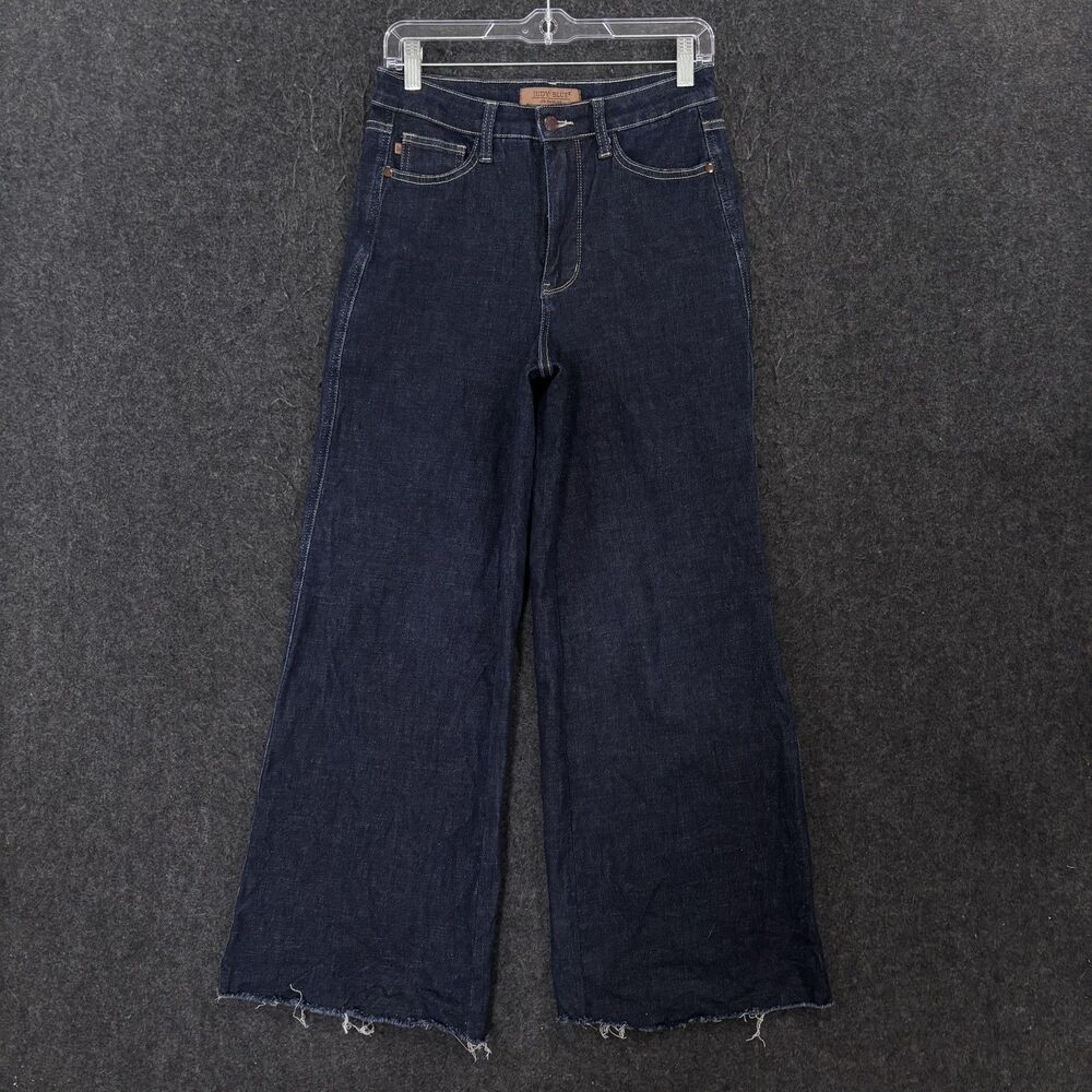 Judy Blue Wide Leg Jeans Womens 7/28 Blue High-Waist Tummy Control Raw Hem Denim